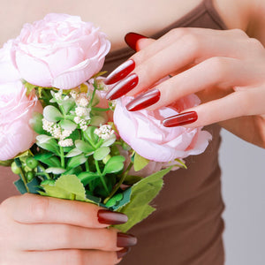 Red solid color oval press on nails – classic glossy finish