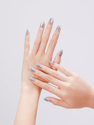 Hand wearing Koi Pond blue koi fish square press on nails inspired by tranquil water garden