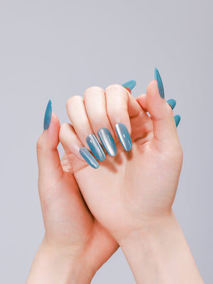 PMMA acrylic long oval blue press-on nails with velvet cat eye effect