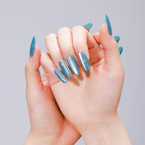 PMMA acrylic long oval blue press-on nails with velvet cat eye effect