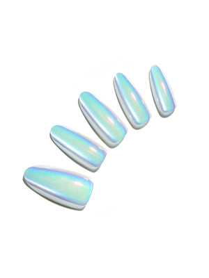 Sky blue metallic almond press-on nails, glossy acrylic tips on white background