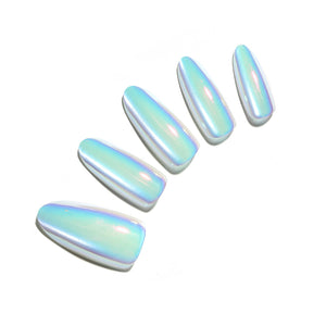 Sky blue metallic almond press-on nails, glossy acrylic tips on white background