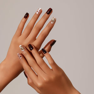 Hand wearing Cherry Velvet Nails short square cherry cat eye press-on nails glossy velvet shimmer finish