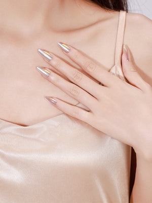 Mirror Dust glazed donut style chrome press-on nails long almond shape on hands