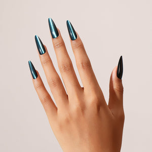 Full set showing Midnight Nebula long stiletto metallic teal press-on nails solid chrome-like design