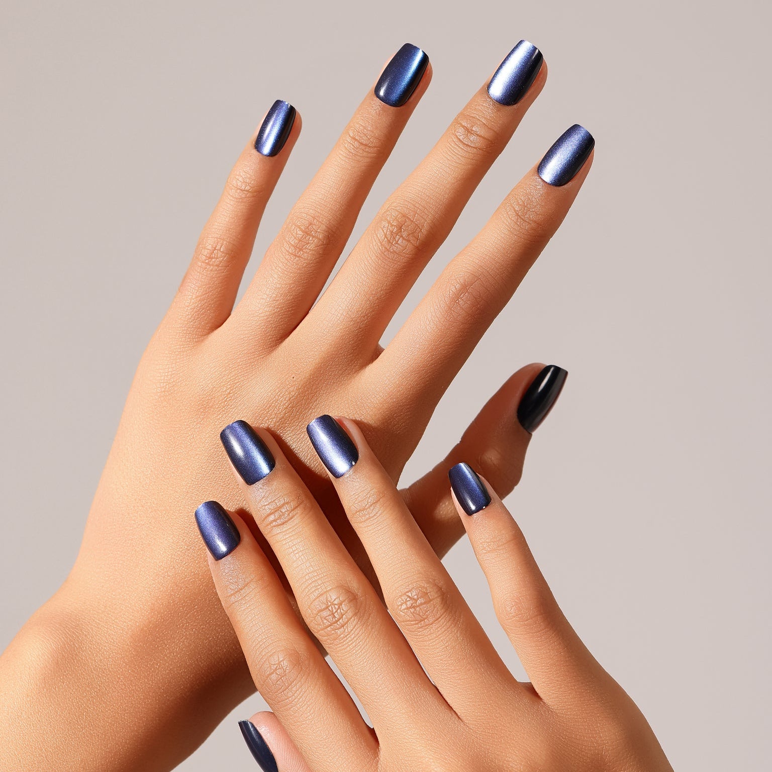 Full set display Galaxy short square metallic navy press-on nails premium 30-piece full-design set