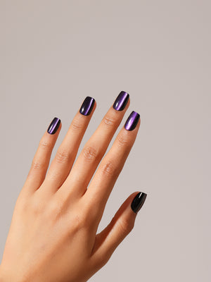 Full set showing Berry Luxe short square cat eye press-on nails deep berry shimmer glow