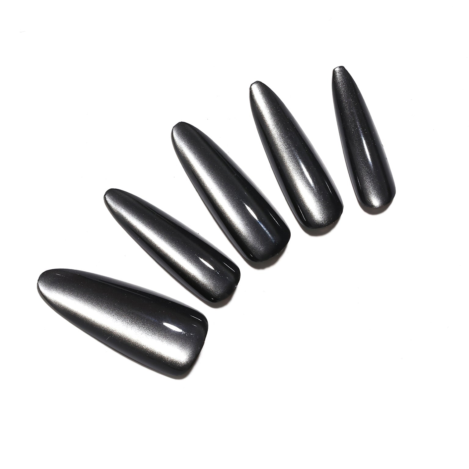Witching Hour long stiletto black chrome press-on nails glossy gunmetal metallic shimmer 30-piece set