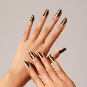 Flat lay Olive Pop long coffin press-on nails olive green gold magnetic cat eye design set