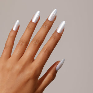 Full set showing Glacier Glow medium almond icy white pearl press-on nails