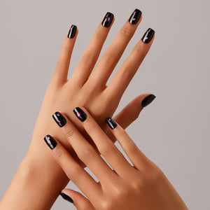 Full set showing Galaxy Heart Nails short square black and purple cat eye press-on nails