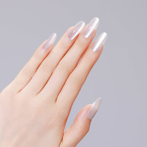Long oval neutral off-white sand press-on nails with glossy gel finish