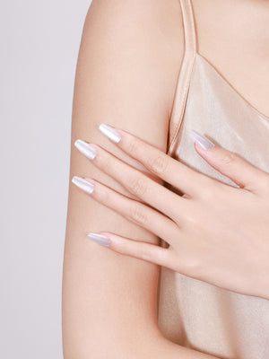 Both hands showing Ice Cold long coffin icy silver white glossy press-on nails