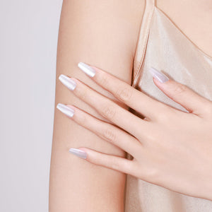 Both hands showing Ice Cold long coffin icy silver white glossy press-on nails
