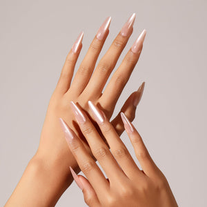 Full set display Pale Petal nude pearl stiletto press-on nails long tapered shape
