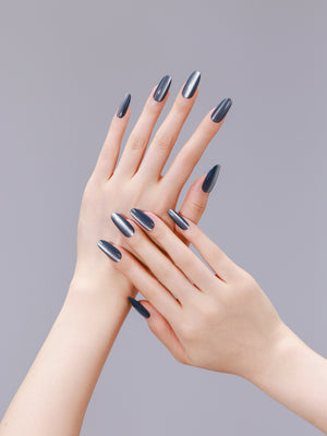 Both hands wearing Smoky Quartz long oval smoky gray cat eye press-on nails
