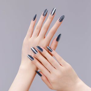 Both hands wearing Smoky Quartz long oval smoky gray cat eye press-on nails