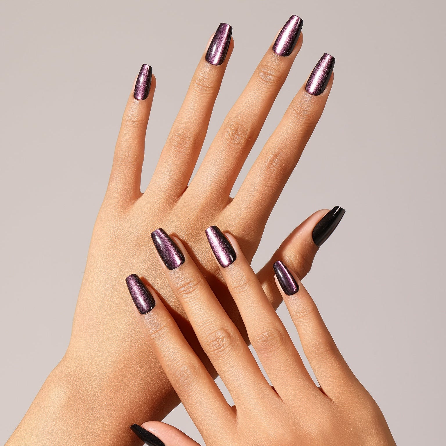 Full set showing Velvet Plum medium coffin press-on nails deep plum velvet magnetic style