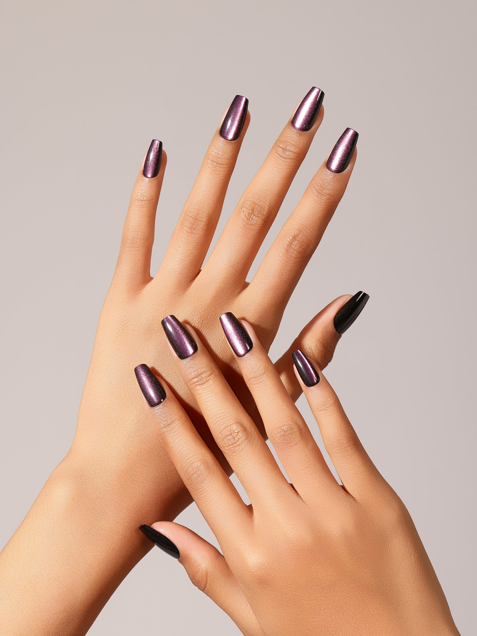 Full set showing Velvet Plum medium coffin press-on nails deep plum velvet magnetic style