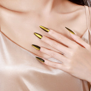 Close-up Sunlit Matcha metallic matcha green chrome press-on nails reflective statement manicure