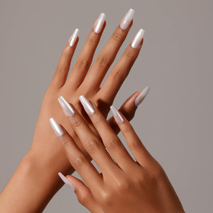 Full set display Ivory Shine long coffin press-on nails pearly ivory white glossy salon look