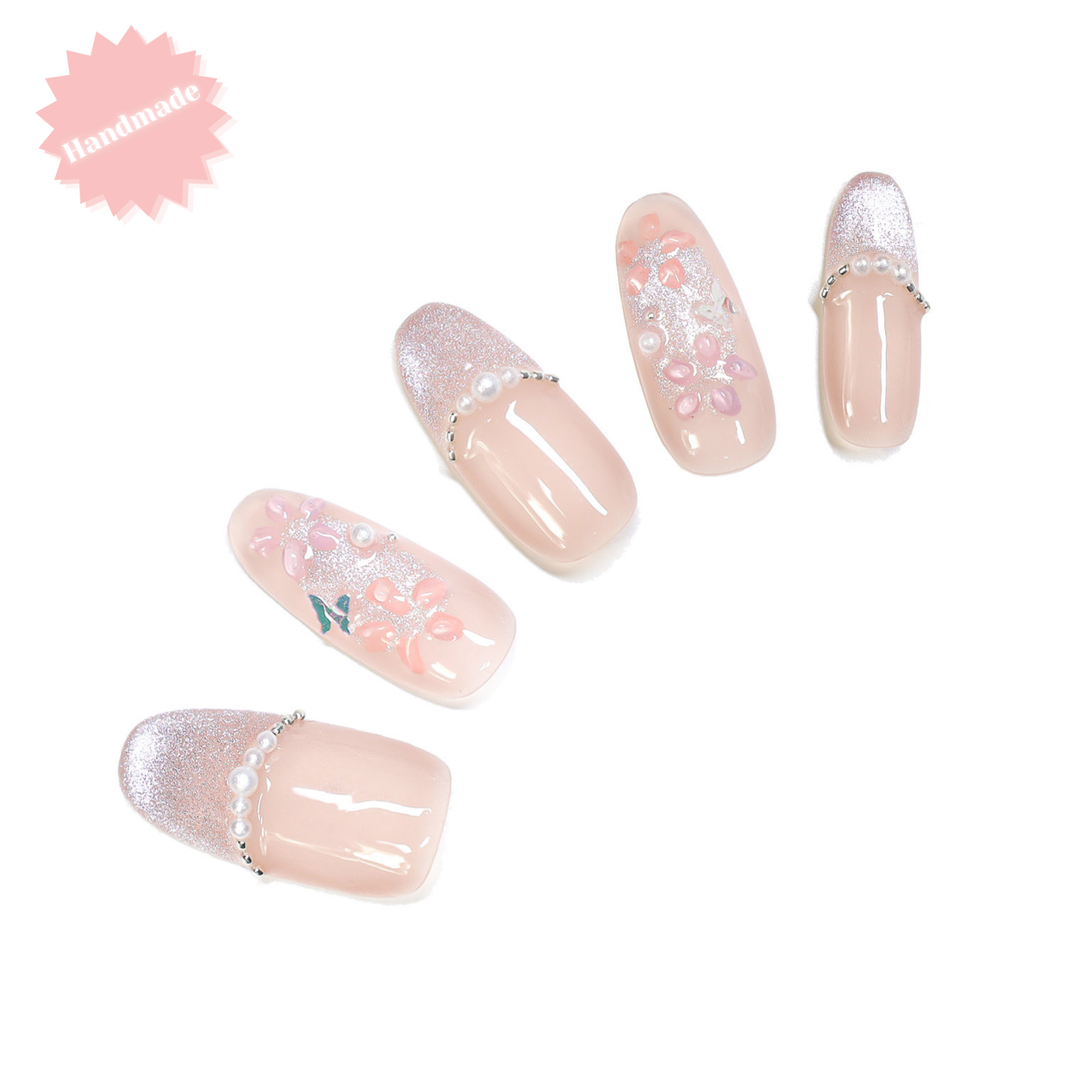 Blossom Veil – Handmade Long Oval Blush Nude Glitter French Pearl Floral Butterfly Press-On Nails