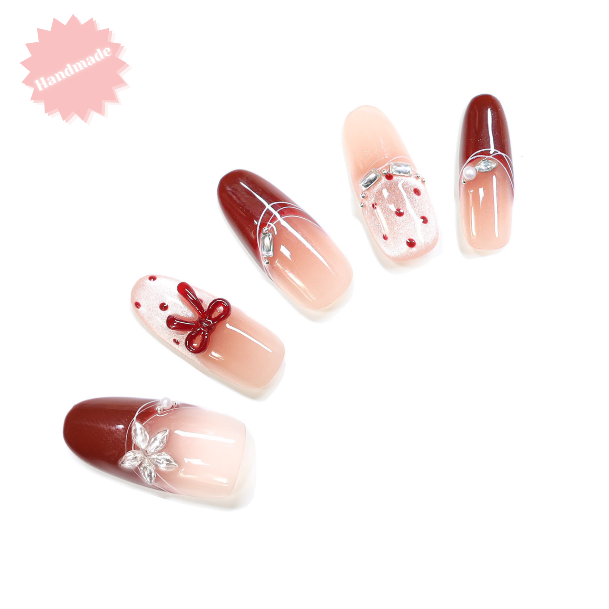 Cherry Ribbon – Handmade Long Oval Red & Nude Ombré Bow Pearl Rhinestone Press-On Nails