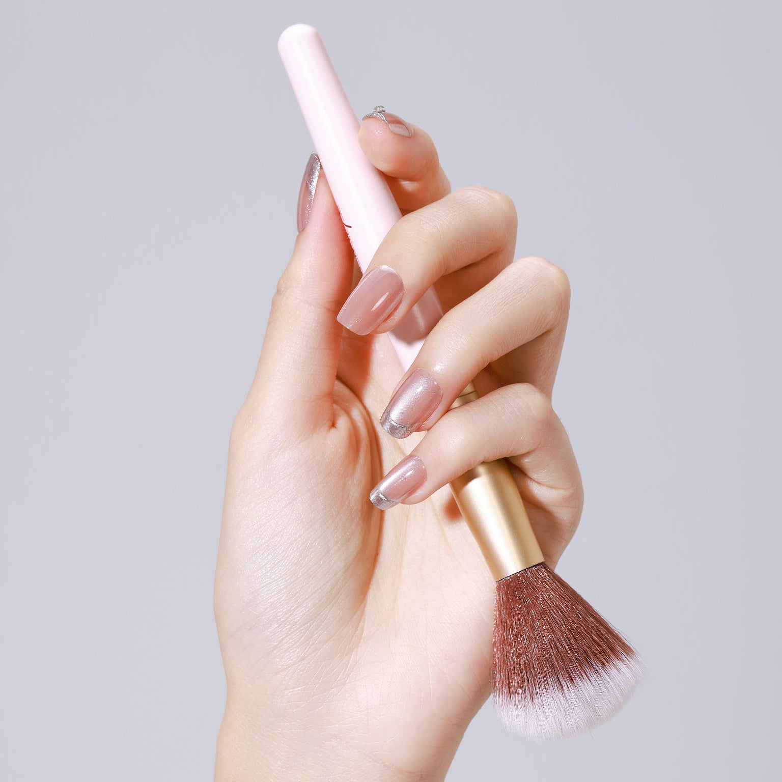 Chrome metallic French tip press on nails – medium length premium acrylic tips