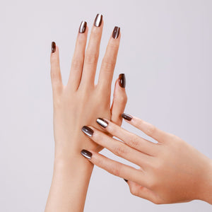 Close-up of Silken Cocoa PMMA acrylic short square brown press-on nails with high-shine topcoat