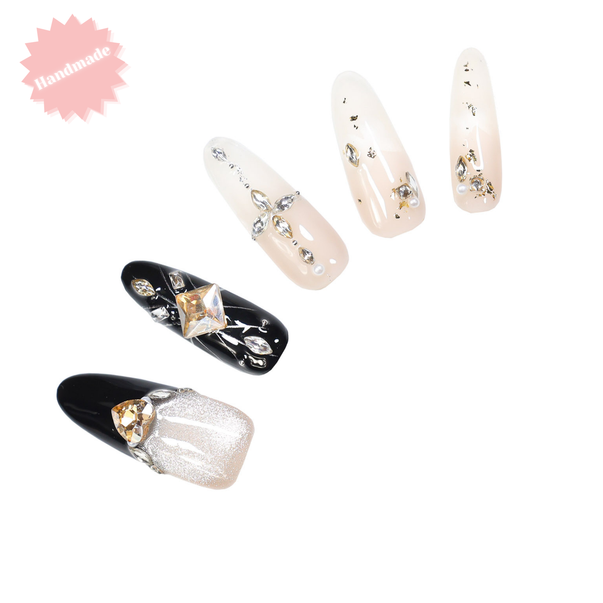 Gilded Noir – Handmade Long Almond Nude Ombré Black & Silver Glitter Rhinestone Pearl Press-On Nails