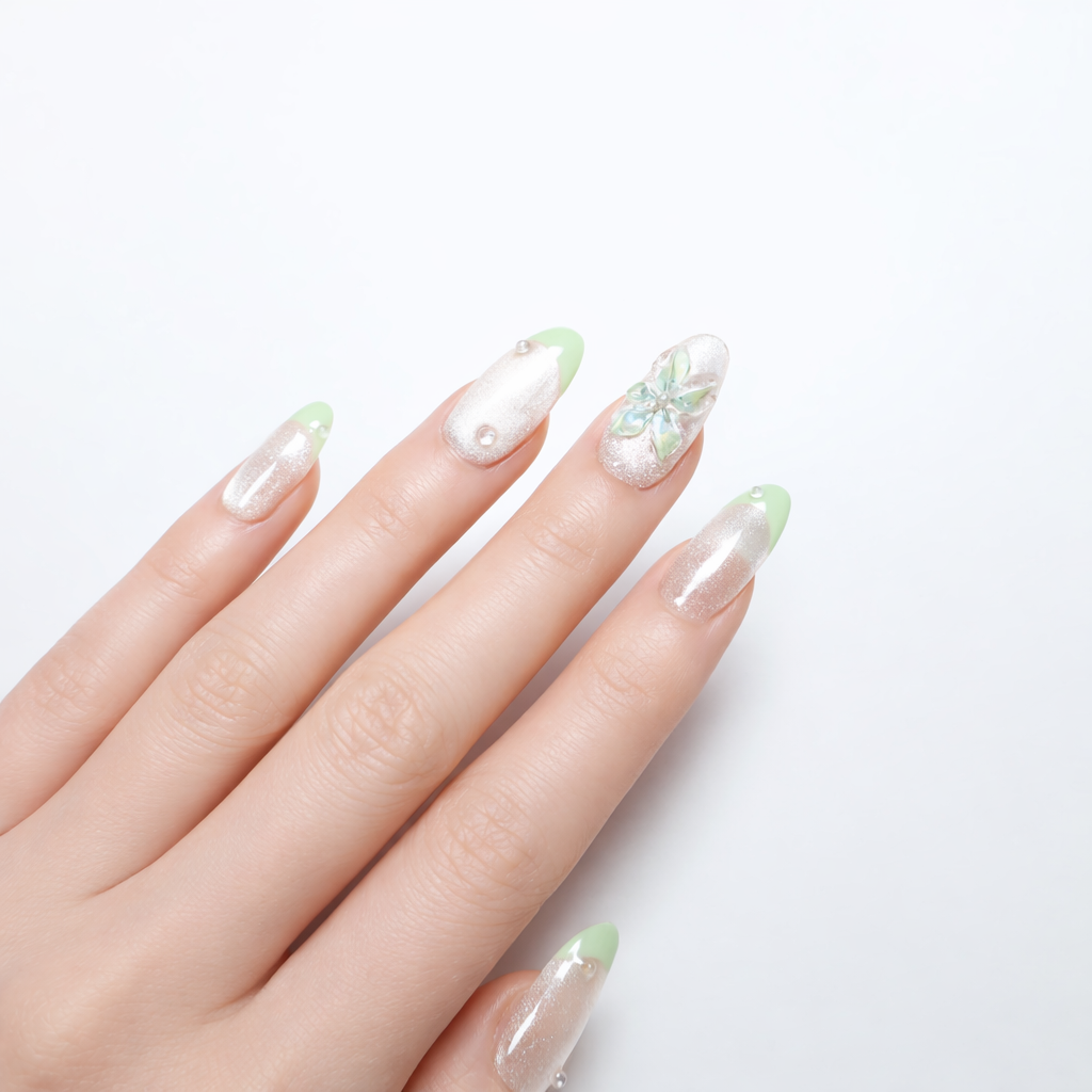Mint Pearl Blossom – Handmade Oval Mint Green French Tip Press-On Nails