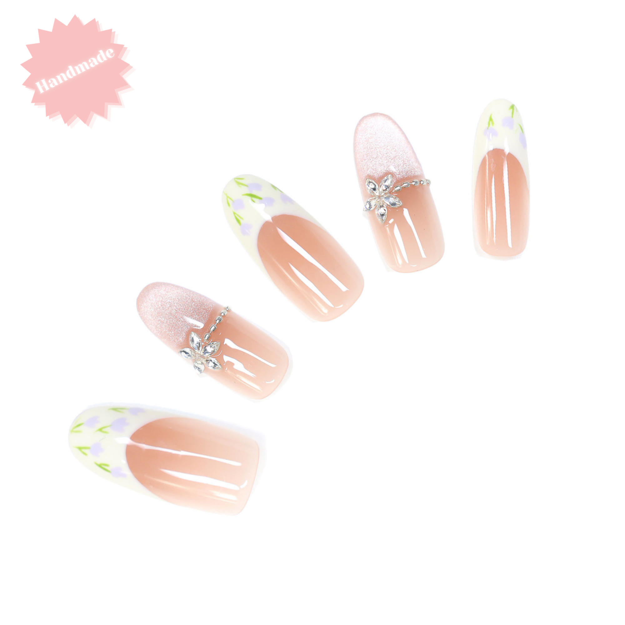 Lavender Petal French – Handmade Long Oval Nude Peach Floral French Tip Charm Press-On Nails