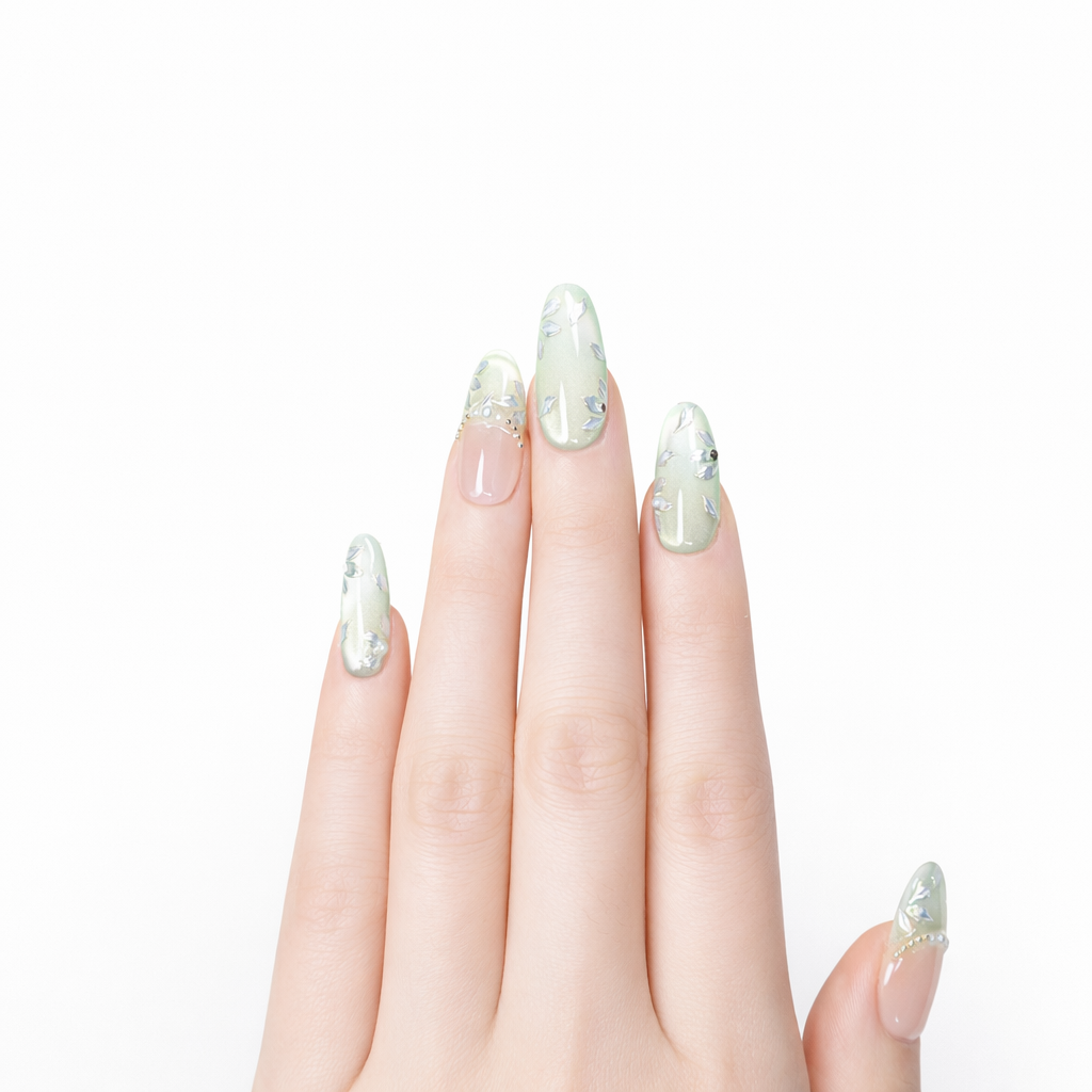 Mint Pearl French – Light Green French Tip Oval Handmade Press-On Nails