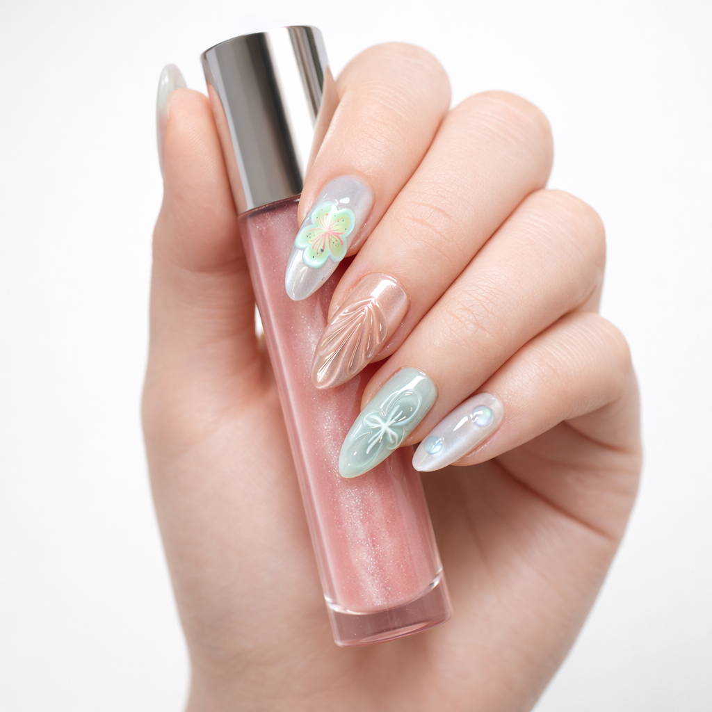Tropical Pearl Shell – Long Almond Pearlescent Seashell Press-On Nails