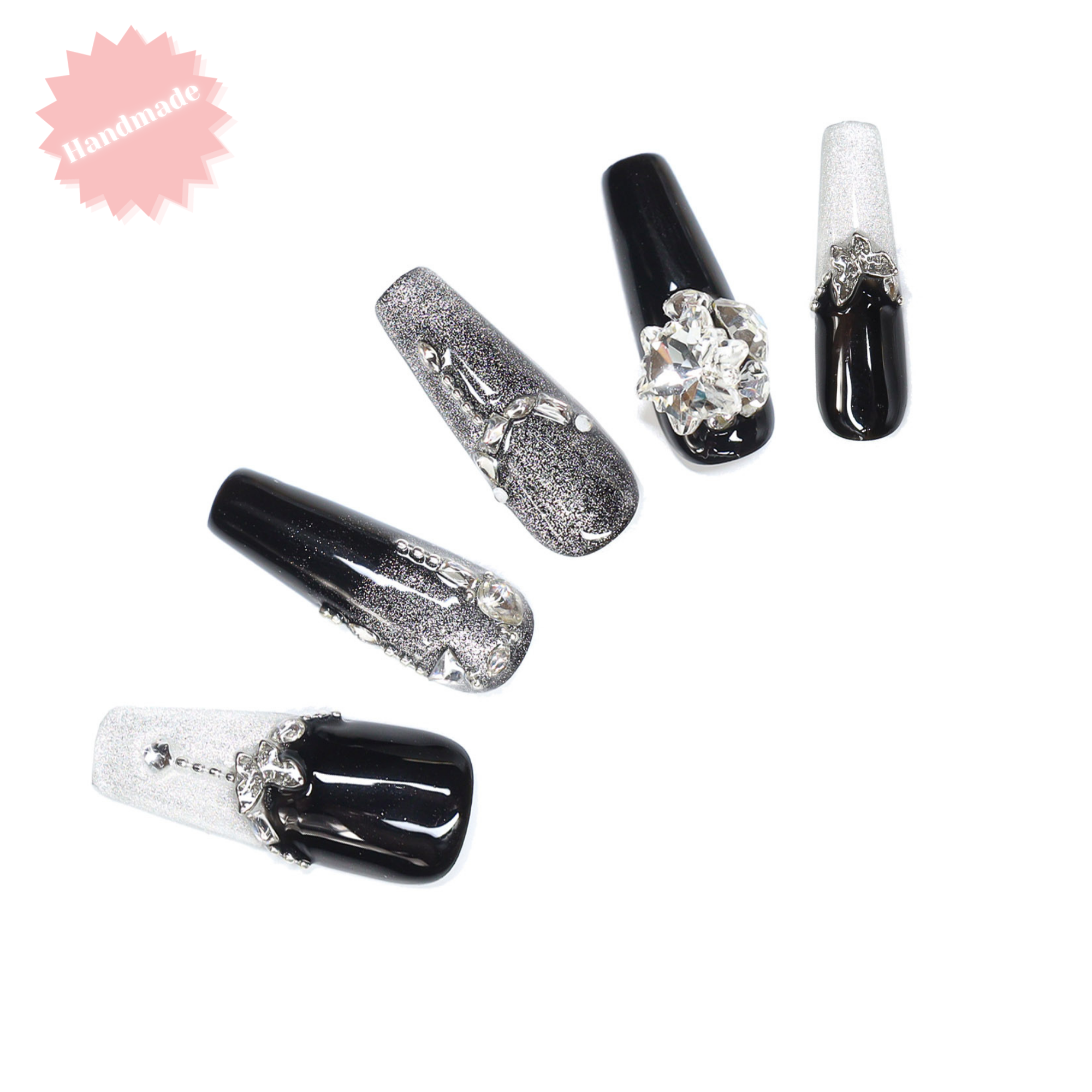 Midnight Beauty – Handmade Long Coffin Black & Silver Glitter Cross Rhinestone Press-On Nails