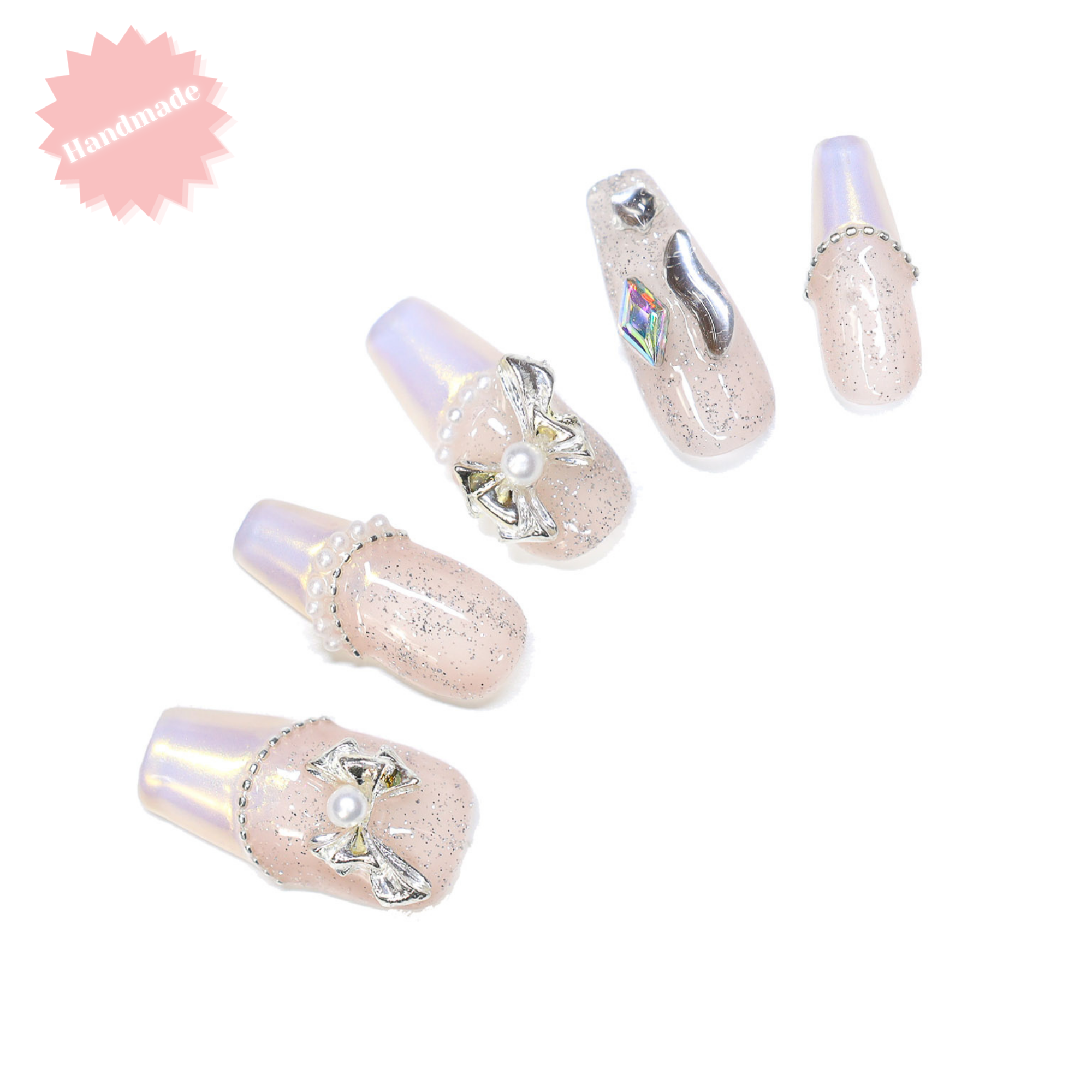 Opal Bow French – Handmade Long Coffin Nude Glitter Iridescent French Pearl Bow Rhinestone Press-On Nails