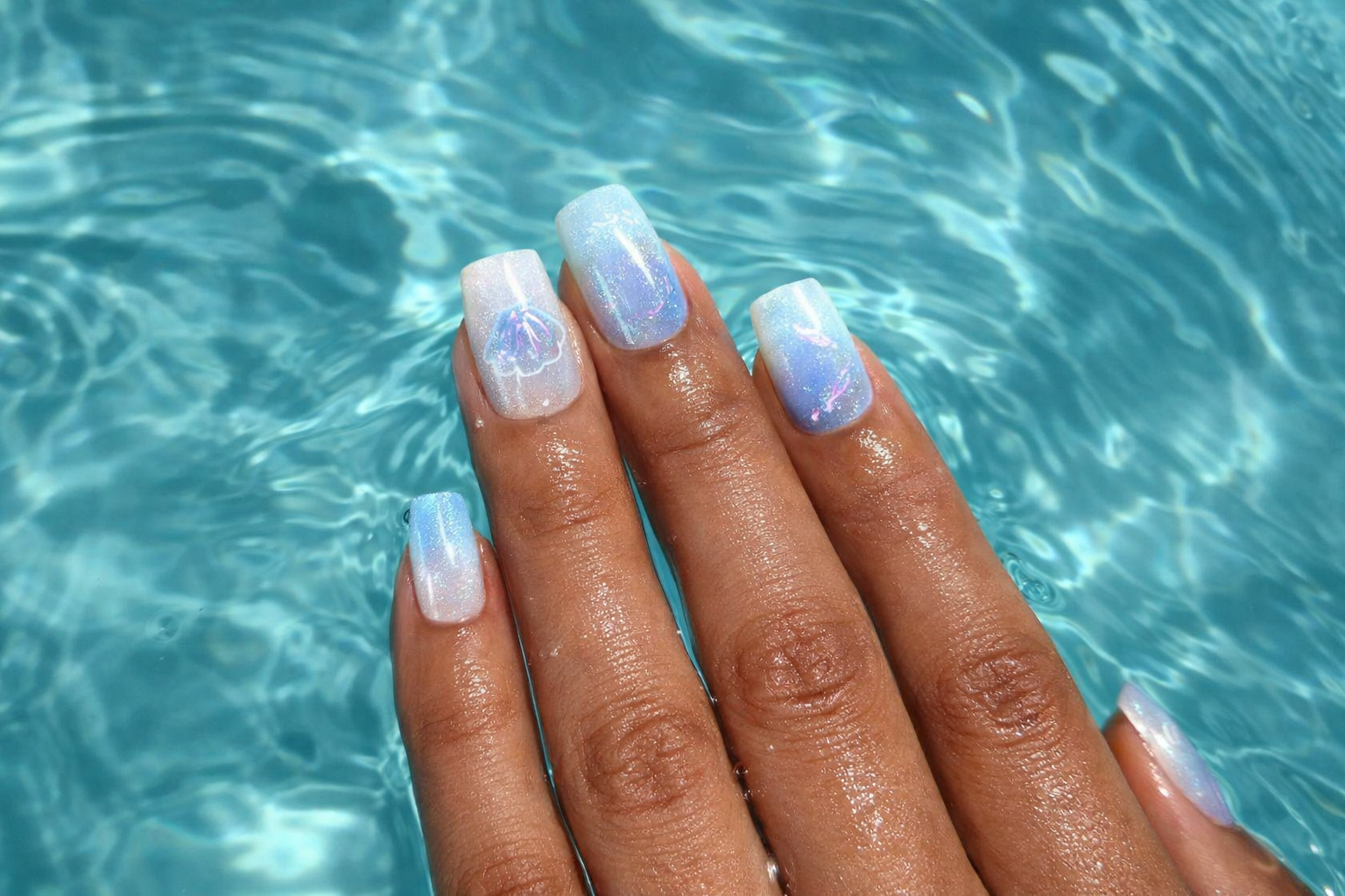 Seafoam Shell – Short Square Milky White Baby Blue Ombre Press-On Nails