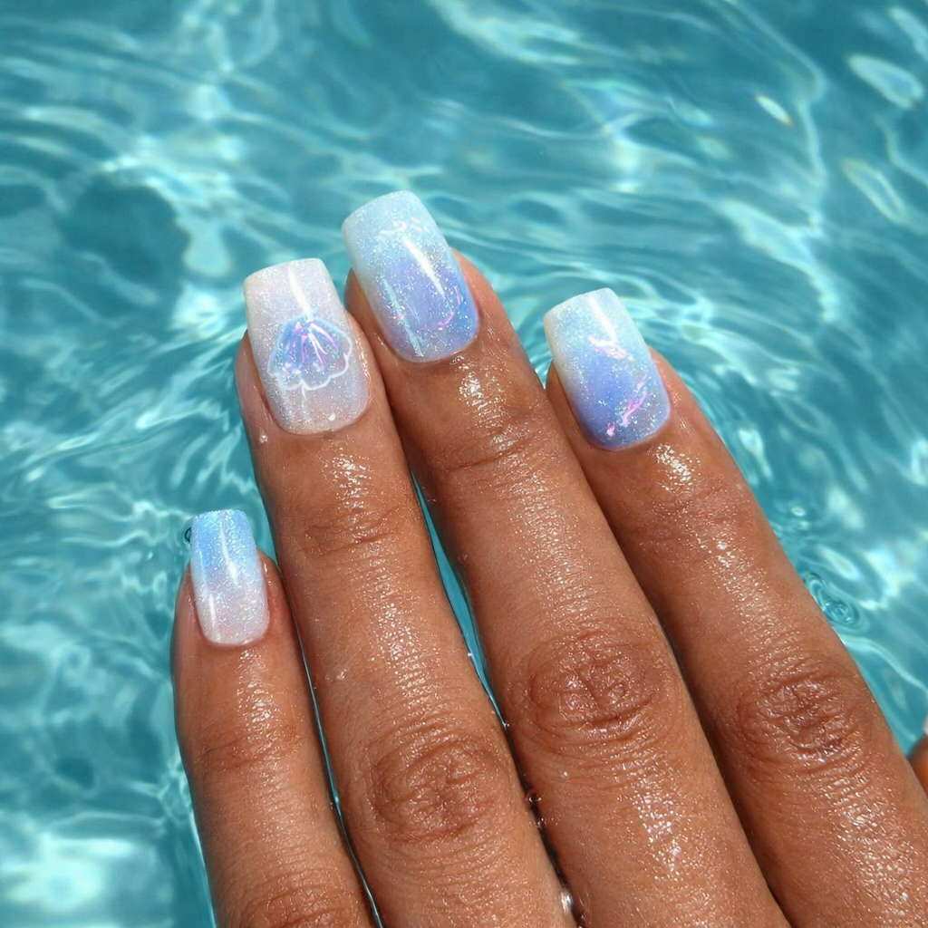 Seafoam Shell – Short Square Milky White Baby Blue Ombre Press-On Nails
