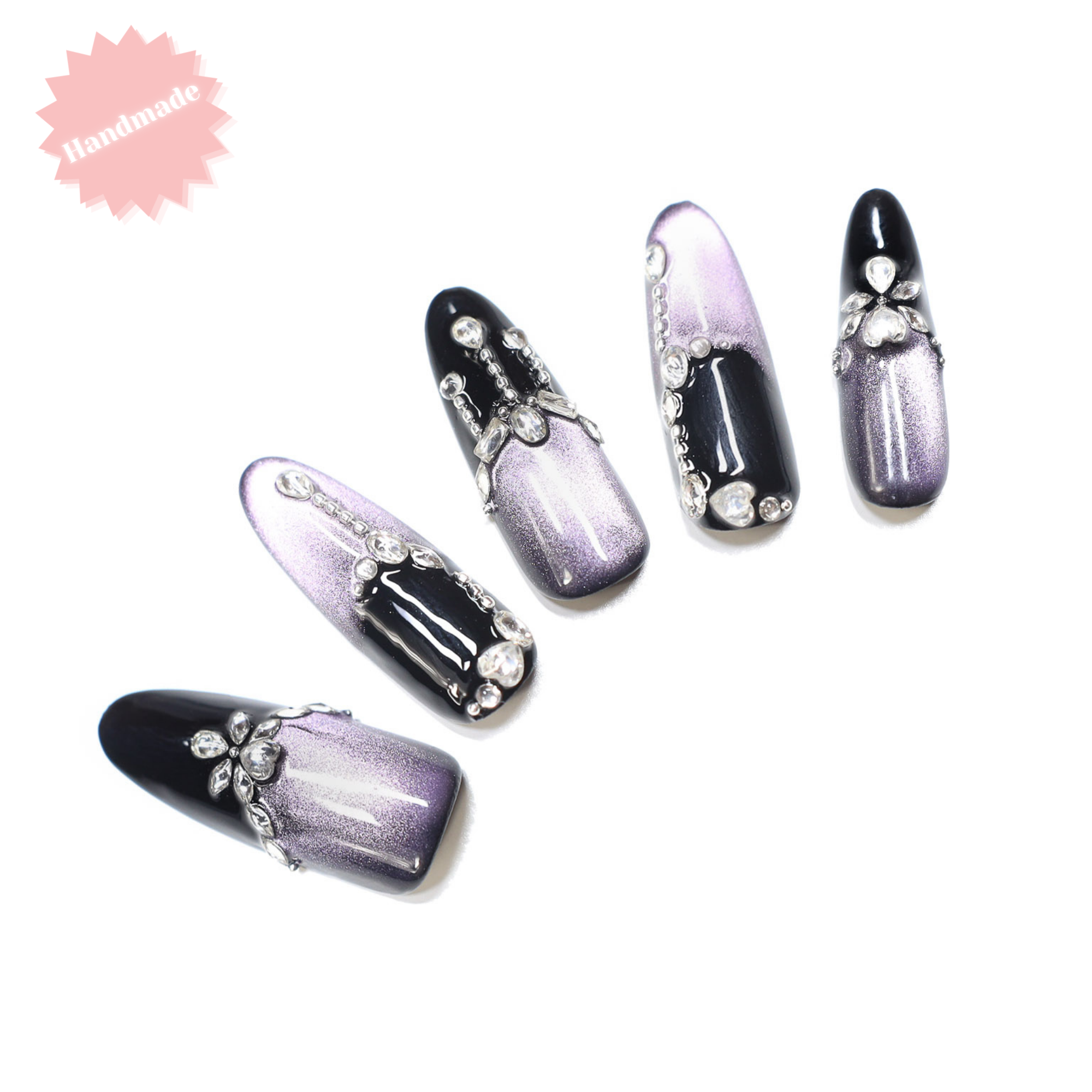 Violet Eclipse – Handmade Long Coffin Black & Purple Chrome Rhinestone Chain Press-On Nails