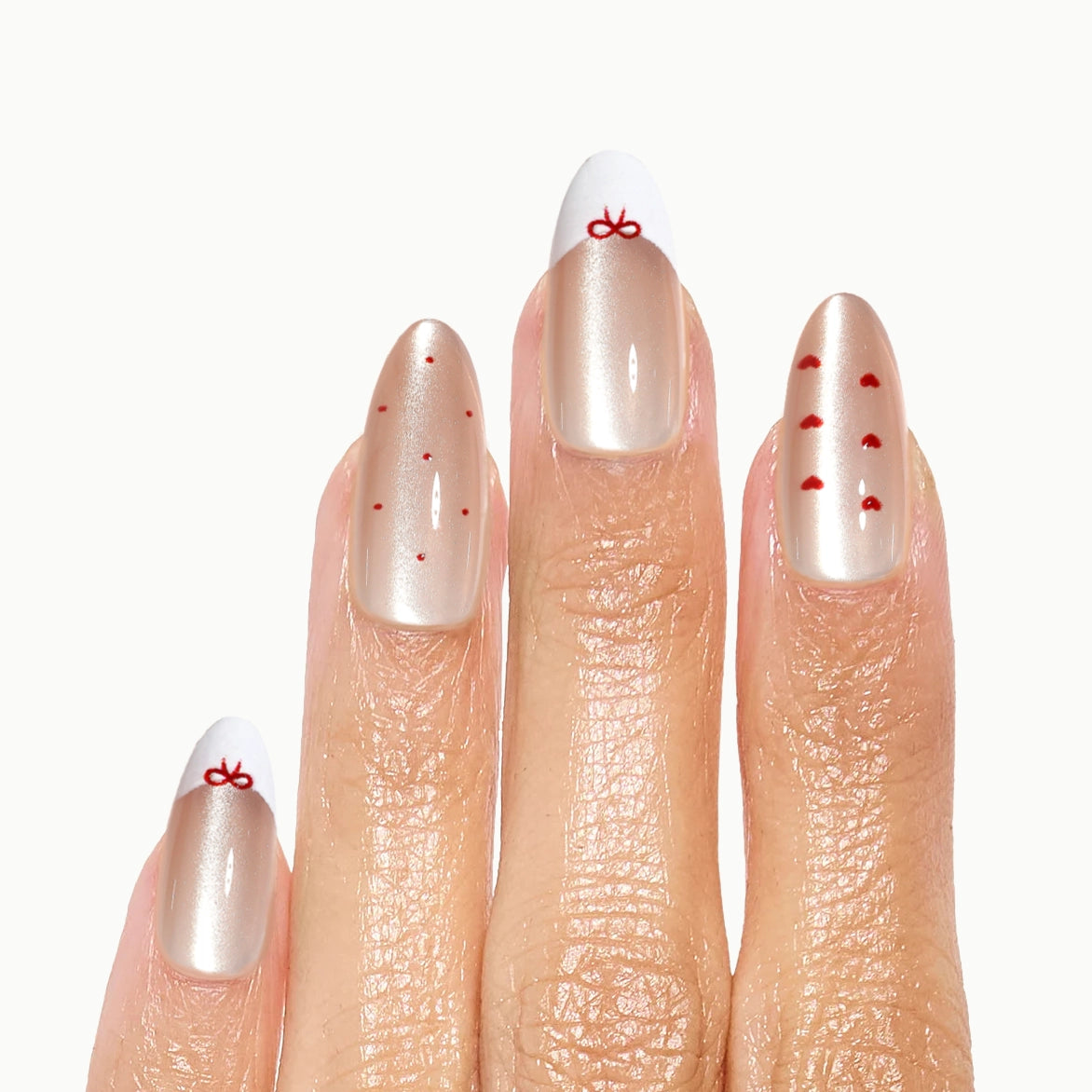 Blushing Valentine – Medium Almond White French Tip Bow Press-On Nails