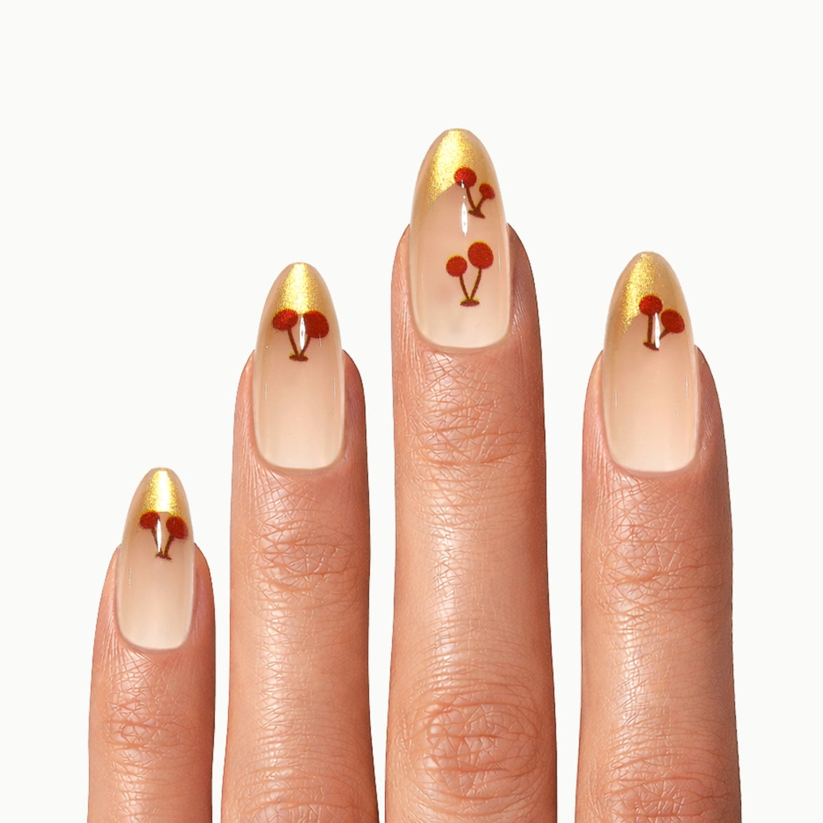 Cherry Spark Nails – Medium Almond Nude Gold French Tip Cherry Press-On Nails