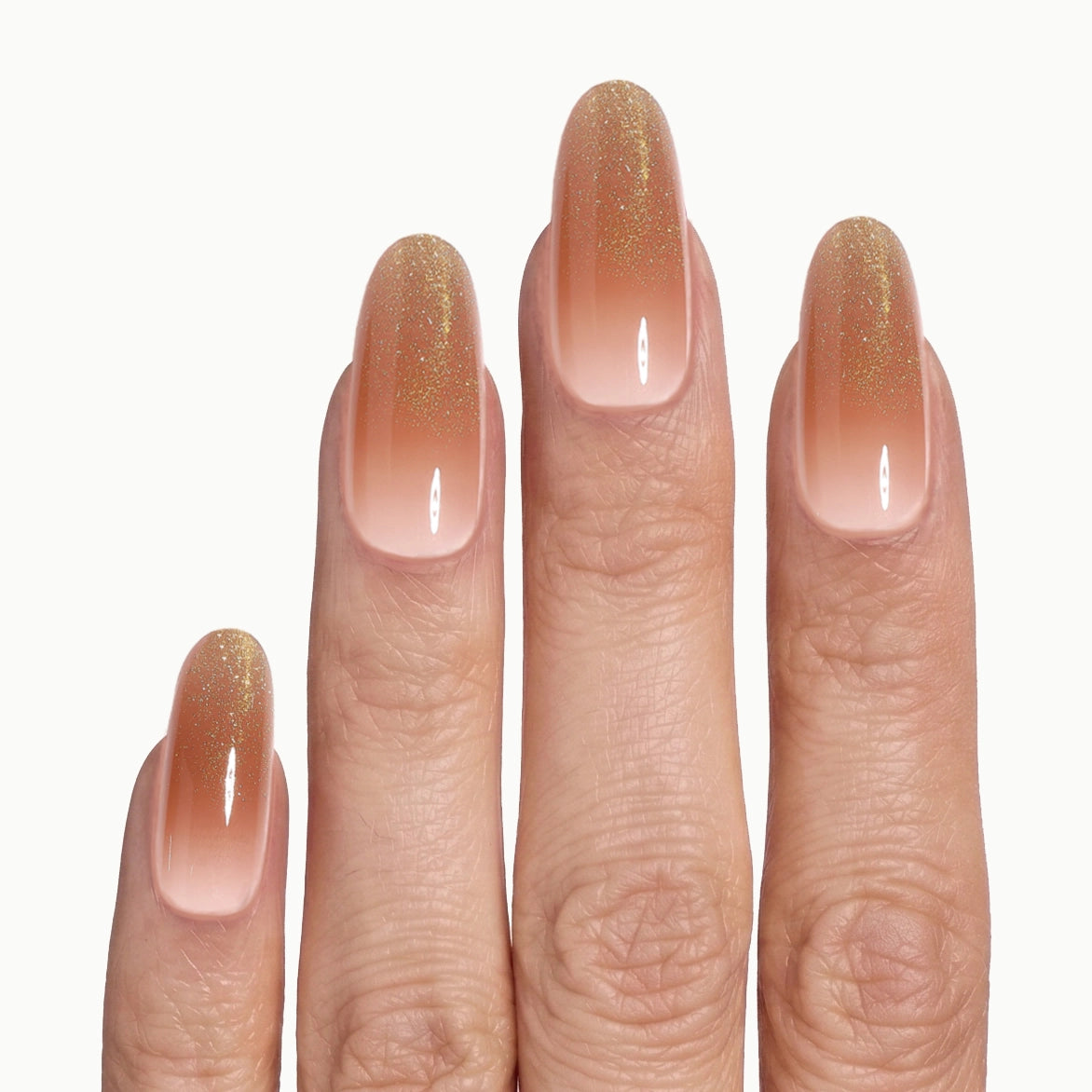 Sunlit Nude – Long Oval Nude Gold Shimmer Ombre Press-On Nails