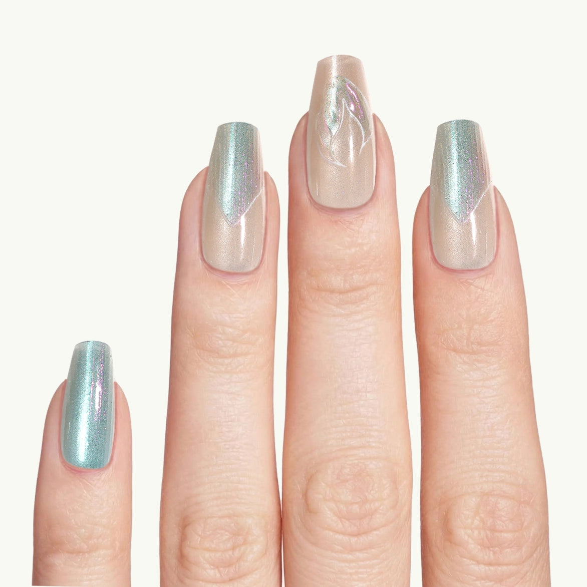 Mermaid Dream – Medium Coffin Iridescent Pearl Chrome Press-On Nails