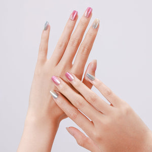 Hand pose showing Crystal Candy short square multi-color chrome press-on nails with crystal shine