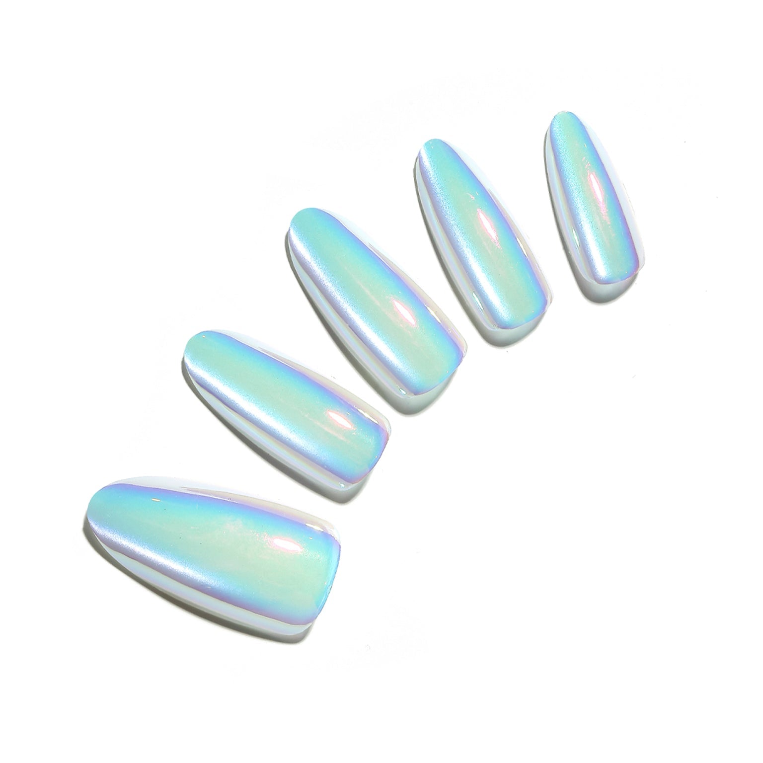 Close-up of a hand wearing Crystal Fall iridescent holographic press on nails, showing the clear base and fine silver glitter in a medium square shape.