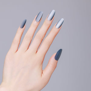 PMMA acrylic long oval smoky blue-gray press-on nails with velvety matte finish