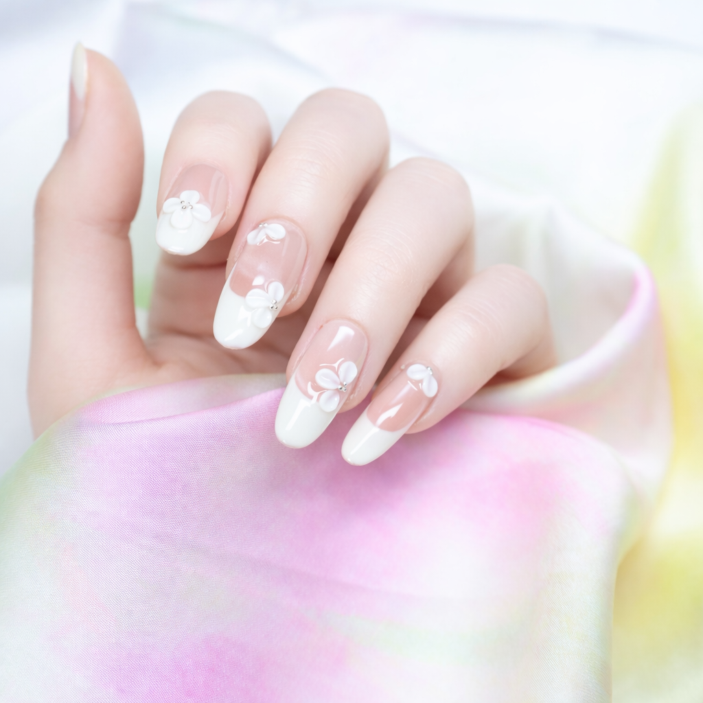 Close up of nude almond French press on nails with delicate white flower nail art and natural glossy finish