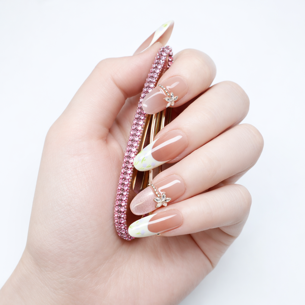 Hand model holding pink rhinestone accessory wearing nude ombre French press on nails with white floral tips and silver butterfly charm accents