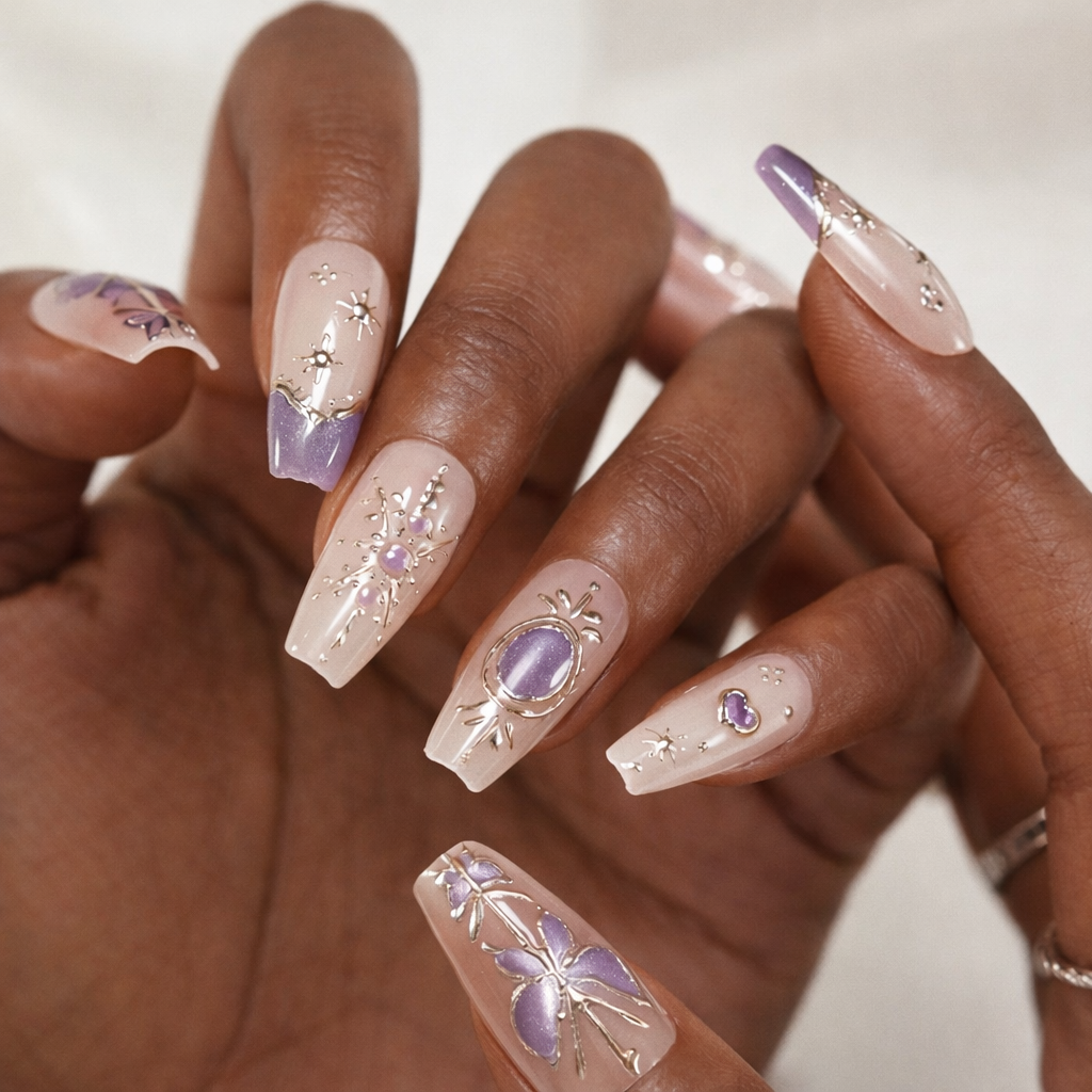 long lavender celestial press on nails with gold star accents, rhinestones, and glossy uv gel acrylic finish