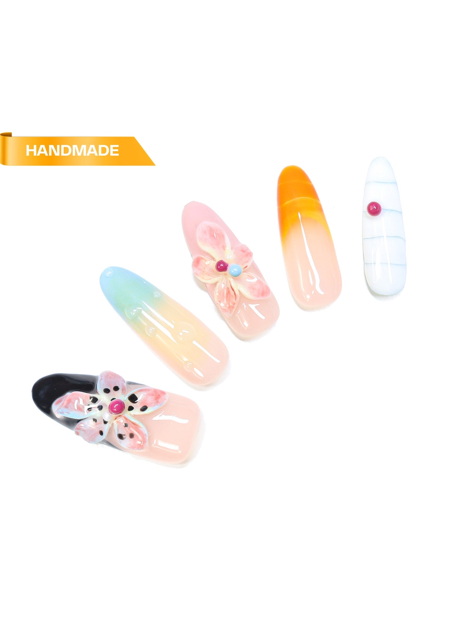 Handmade long almond press-on nails with pastel rainbow ombré and 3D flower accents on white background